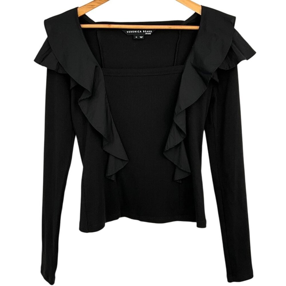 Veronica Beard Gidea Ruffled Top Black Square Neck Ribbed Long Sleeve Size XS